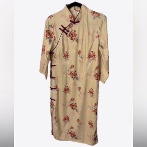 Beige Midi Dress with Red Rose Print and Contrast Trim